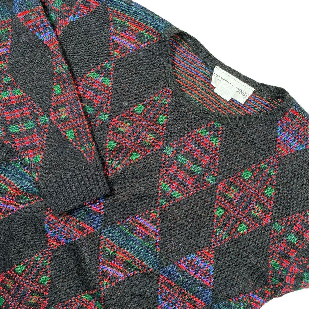 Vtg Victoria Jones Knit Sweater Red Black Aztec Tribal Southwest Crewneck Sz PM